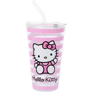 Silver Buffalo Hello Kitty Script Logo Pink 16oz Pint Glass w Lid and Glass Straw(Multicolor)