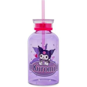 Silver Buffalo Sanrio Hello Kitty and Friends Featuring Kuromi Hearts Purple Glass Milk Bottle with Straw, 15 Ounces