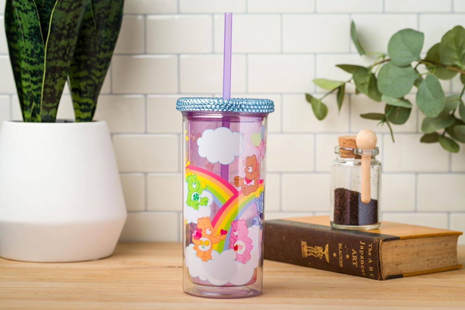 image:imageSilver Buffalo Disney Lilo and Stitch Rainbow and Pineapple Tropical Plastic Tall Cold Cup with Lid and Straw 20 OuncesCare Bears with Rhinestones Lid