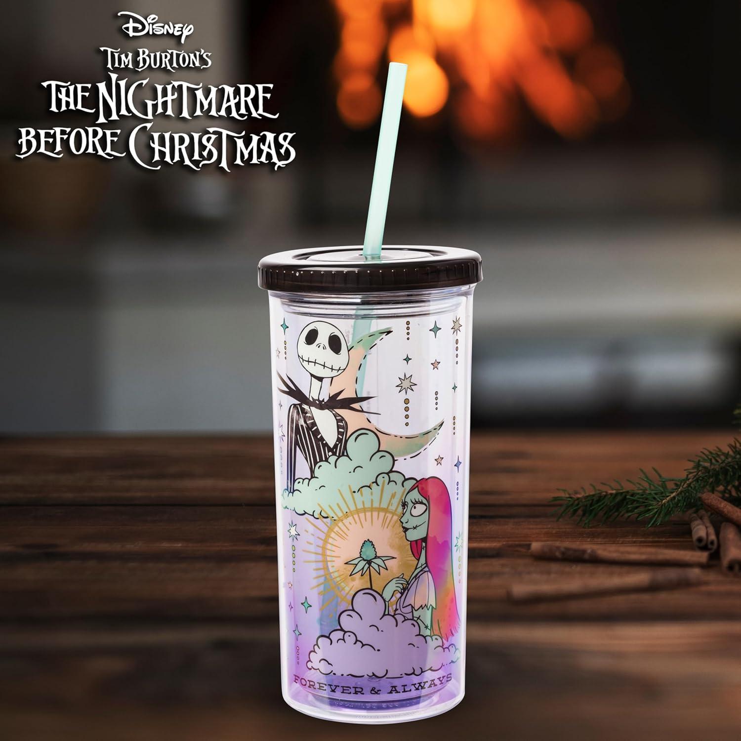 image:imageSilver Buffalo Disney Lilo and Stitch Rainbow and Pineapple Tropical Plastic Tall Cold Cup with Lid and Straw 20 OuncesNightmare Before Christmas Forever and Always