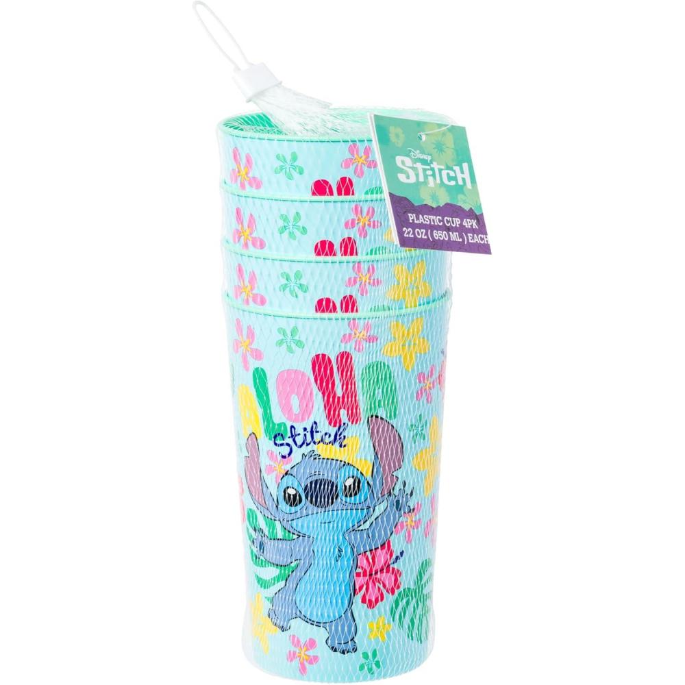 image:imageSilver Buffalo Disney Lilo and Stitch Aloha Colorful 4 Piece Plastic Cup Set 22 OuncesBlueMulti
