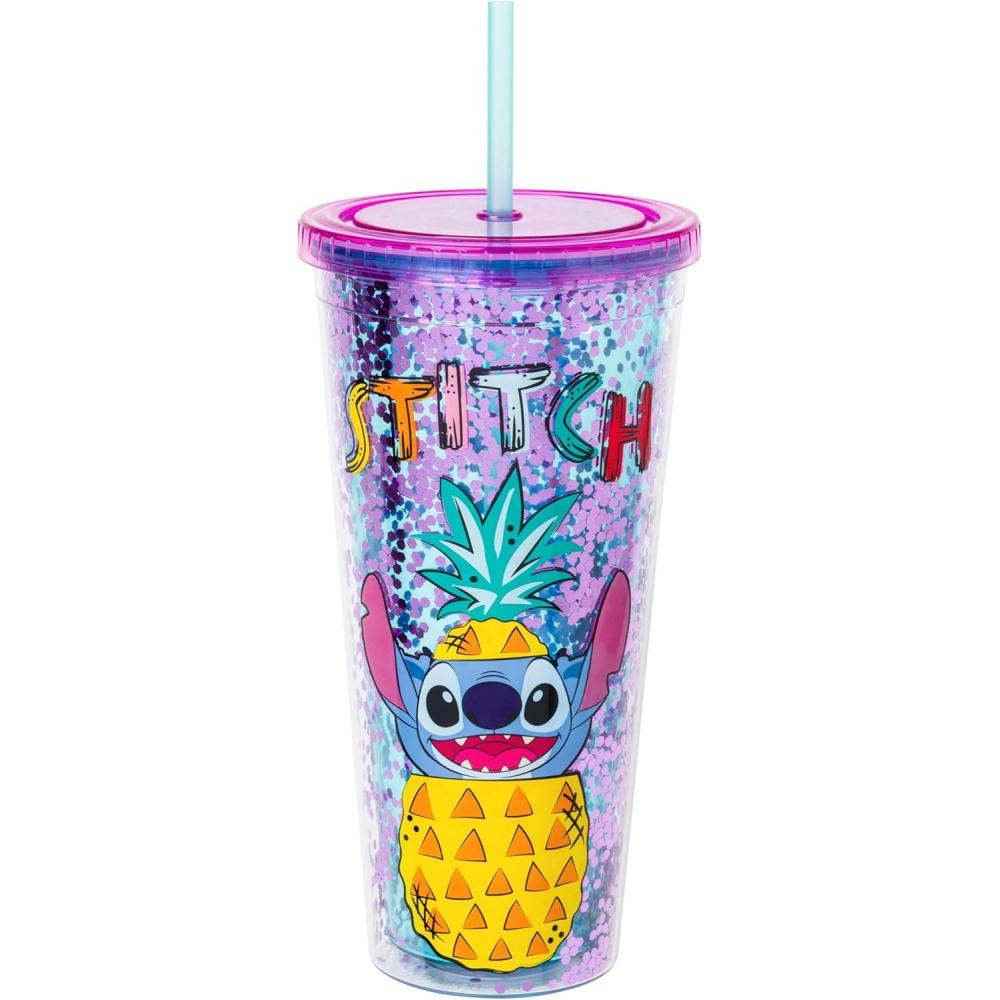 image:imageSilver Buffalo Disney Lilo and Stitch Pineapple Plastic Confetti Cold Cup with Lid and Straw 32 OuncesLilo and Stitch Pineapple