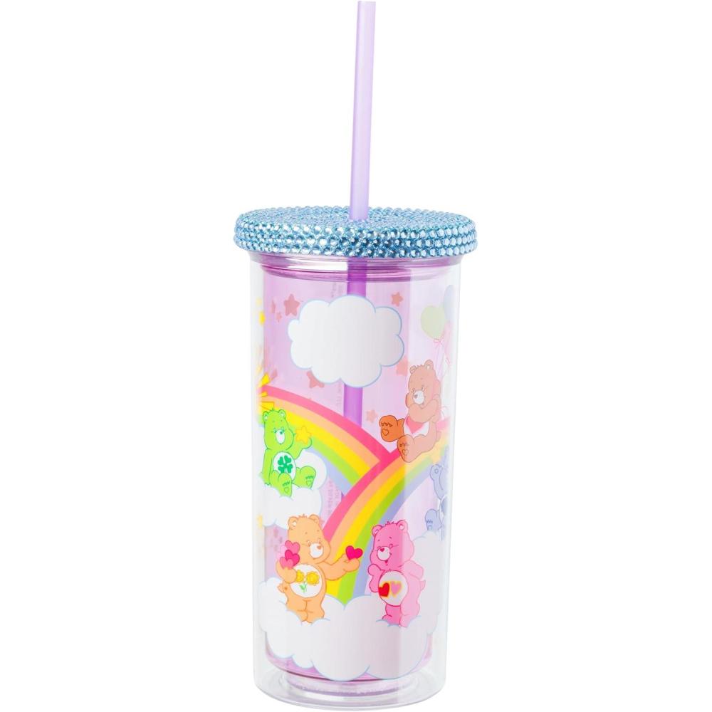 image:imageSilver Buffalo Disney Lilo and Stitch Rainbow and Pineapple Tropical Plastic Tall Cold Cup with Lid and Straw 20 OuncesCare Bears with Rhinestones Lid