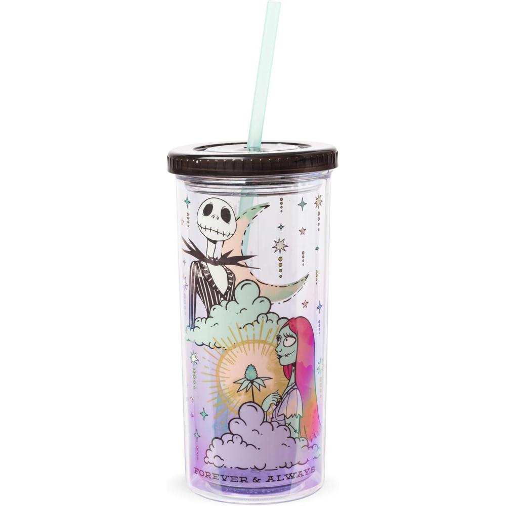 image:imageSilver Buffalo Disney Lilo and Stitch Rainbow and Pineapple Tropical Plastic Tall Cold Cup with Lid and Straw 20 OuncesNightmare Before Christmas Forever and Always