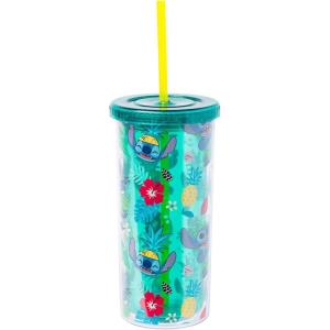 Silver Buffalo Disney Lilo and Stitch Tropical Plastic Cold Cup with Lid and Straw, 20 Ounces(Teal/Multi)