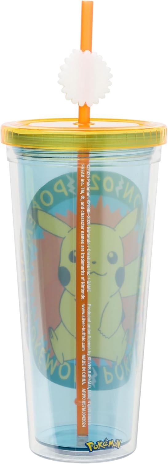 image:imageSilver Buffalo Pokemon 025 Pikachu Plastic Cold Cup with Lid and Straw Topper 24 Ounces