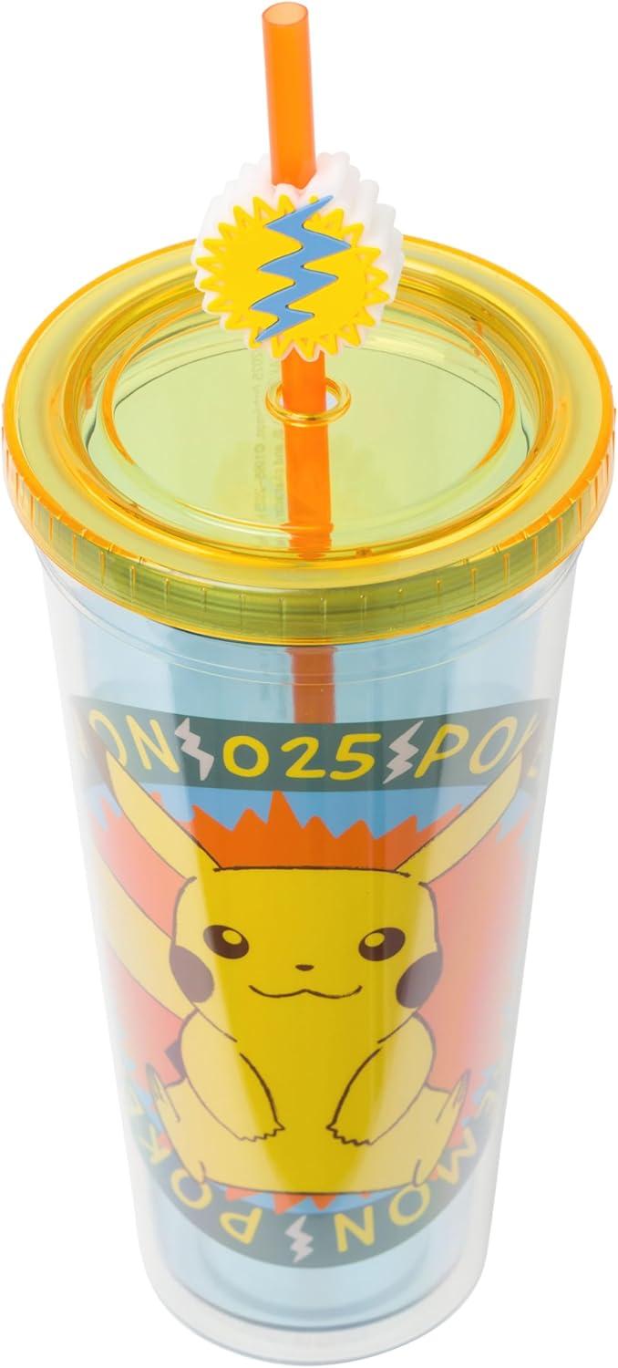 image:imageSilver Buffalo Pokemon 025 Pikachu Plastic Cold Cup with Lid and Straw Topper 24 Ounces