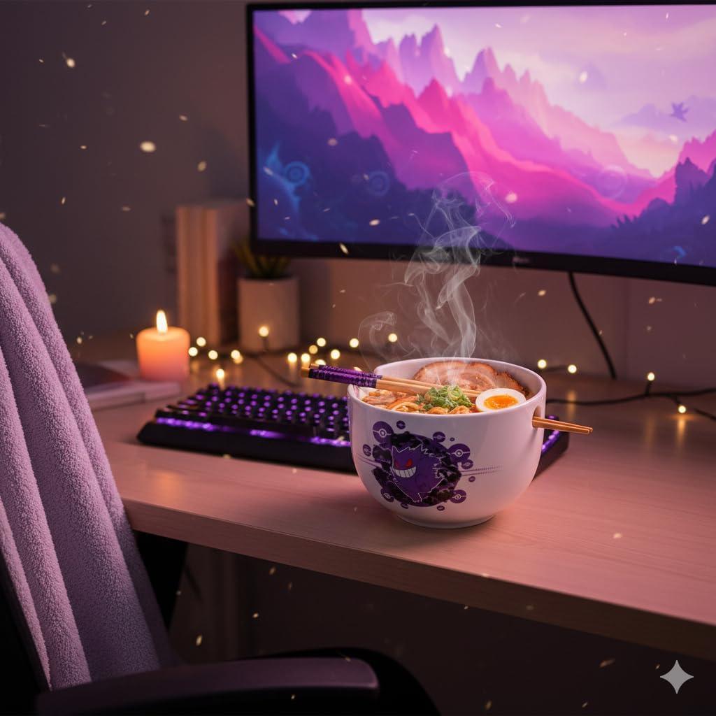 image:imageSilver Buffalo Pokemon Cute Fruit Doodles Featuring Pikachu Ceramic Ramen Noodle Rice Bowl with Chopsticks and Spoon Microwave Safe 20 OuncesPokemon Gengar