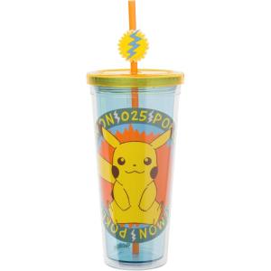 Silver Buffalo Pokemon 025 Pikachu Plastic Cold Cup with Lid and Straw Topper, 24 Ounces