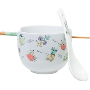 Silver Buffalo Pokemon Cute Fruit Doodles Featuring Pikachu Ceramic Ramen Noodle Rice Bowl with Chopsticks and Spoon, Microwave Safe, 20 Ounces(Pokemon Pikachu Fruits Spoon)