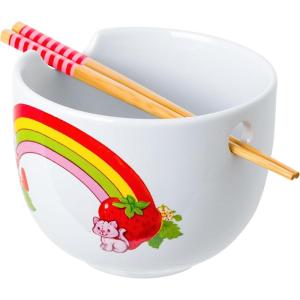 Silver Buffalo Pokemon Cute Fruit Doodles Featuring Pikachu Ceramic Ramen Noodle Rice Bowl with Chopsticks and Spoon, Microwave Safe, 20 Ounces(Strawberry Shortcake and Custard)