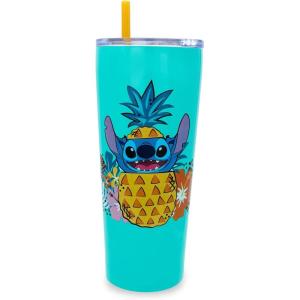 Silver Buffalo The Powerpuff Girls Featuring Bubbles, Blossom, Buttercup, and The Talking Dog Double Walled Stainless Steel Tumbler with Straw, 22 Ounces(Lilo and Stitch)