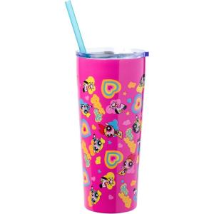 Silver Buffalo The Powerpuff Girls Featuring Bubbles, Blossom, Buttercup, and The Talking Dog Double Walled Stainless Steel Tumbler with Straw, 22 Ounces(The Powerpuff Girls)